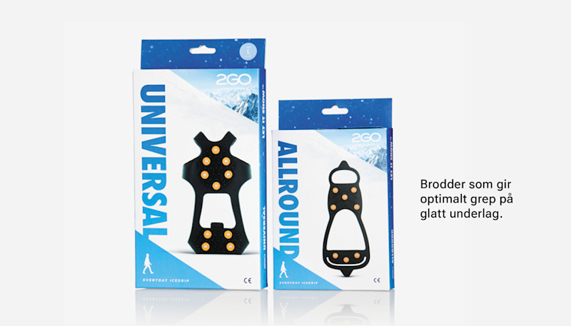To par med brodder i emballasje, merket "UNIVERSAL" og "ALLROUND", designet for optimalt grep på glatt underlag.