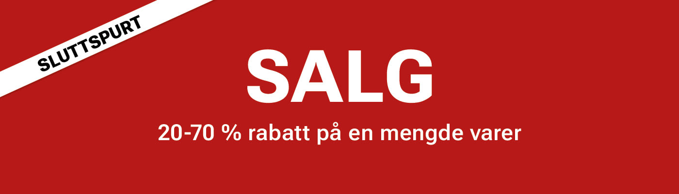 Rød salgsplakat med "SLUTTSPURT" og "SALG" i hvit tekst, som annonserer 20-70% rabatt på en mengde varer.