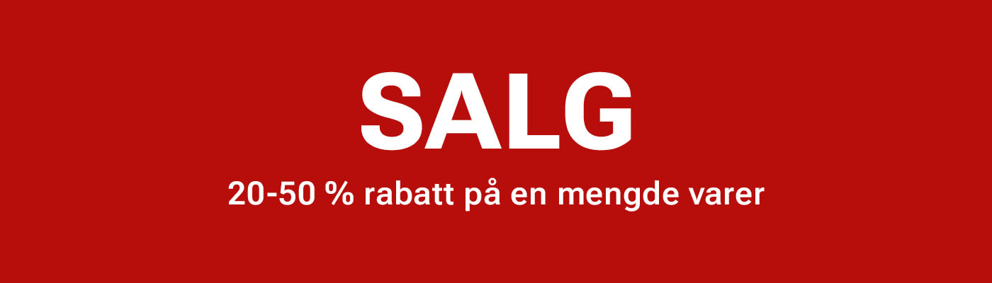 Rød salgsbanner med hvit tekst som annonserer 20-50% rabatt på en mengde varer.
