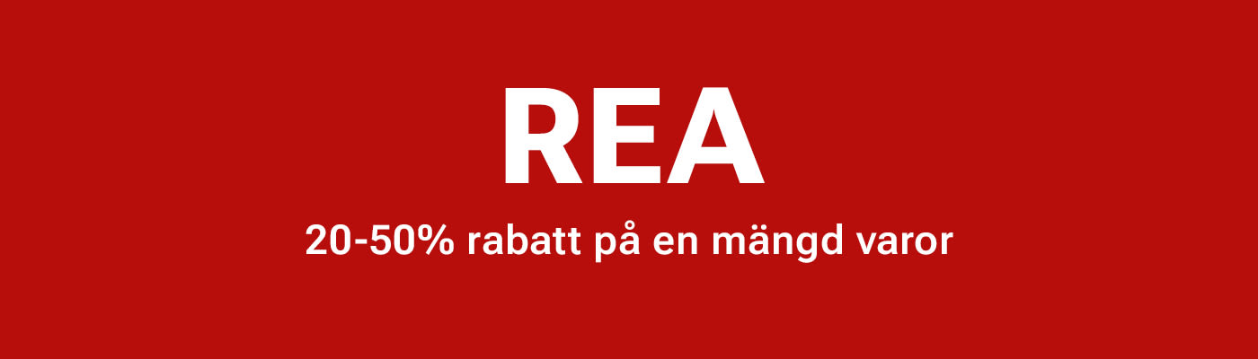 Röd reklambild med texten "REA" i stort vitt typsnitt och "20-50% rabatt på en mängd varor" i mindre text under.