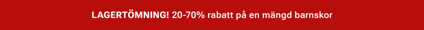 Röd banderoll med vit text som annonserar lagertömning med 20-70% rabatt på barnskor.