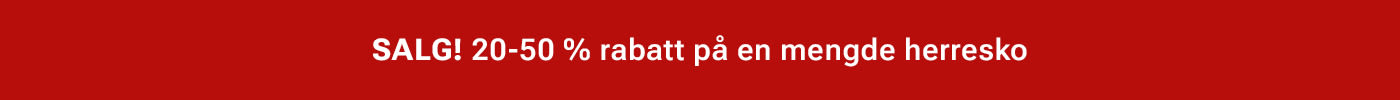 Rød banner med hvit tekst som annonserer salg med 20-50% rabatt på herresko.