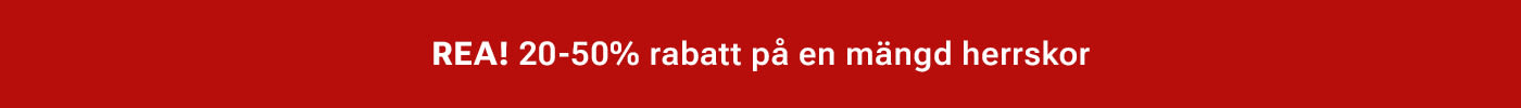 Röd banderoll med vit text som annonserar "REA! 20-50% rabatt på en mängd herrskor"