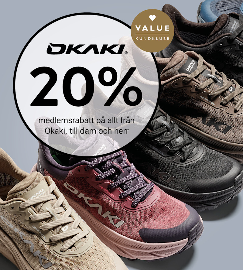 Flera Okaki-skor i rosa, blå, svart och beige friluftsstil. Text: 20% medlemsrabatt för dam och herr.