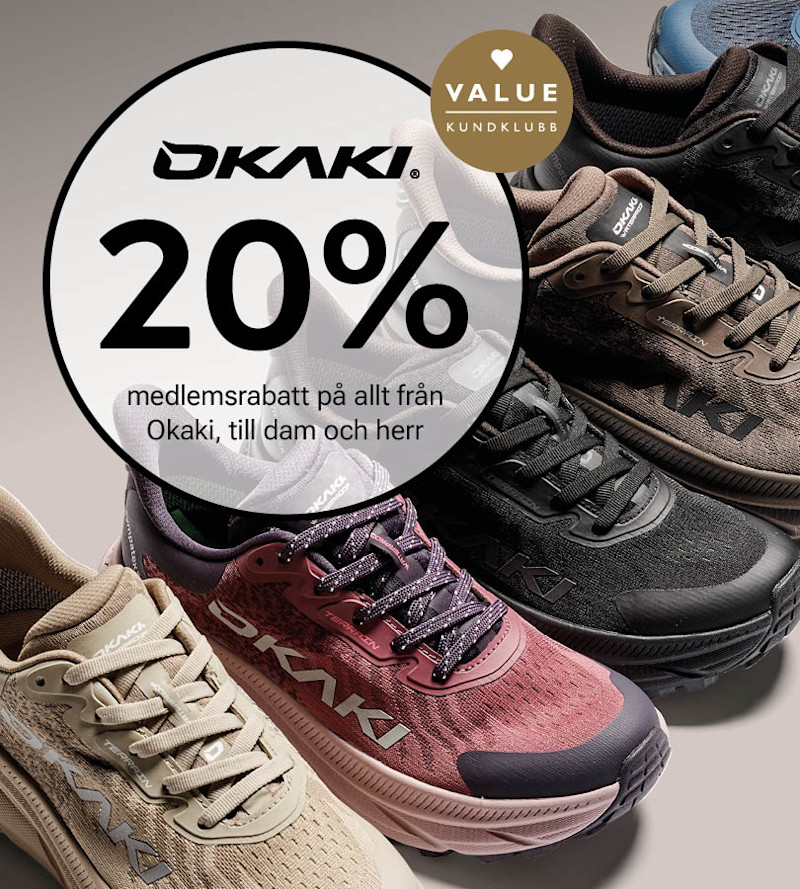 Flera Okaki-skor i rosa, blå, svart och beige friluftsstil. Text: 20% medlemsrabatt för dam och herr.