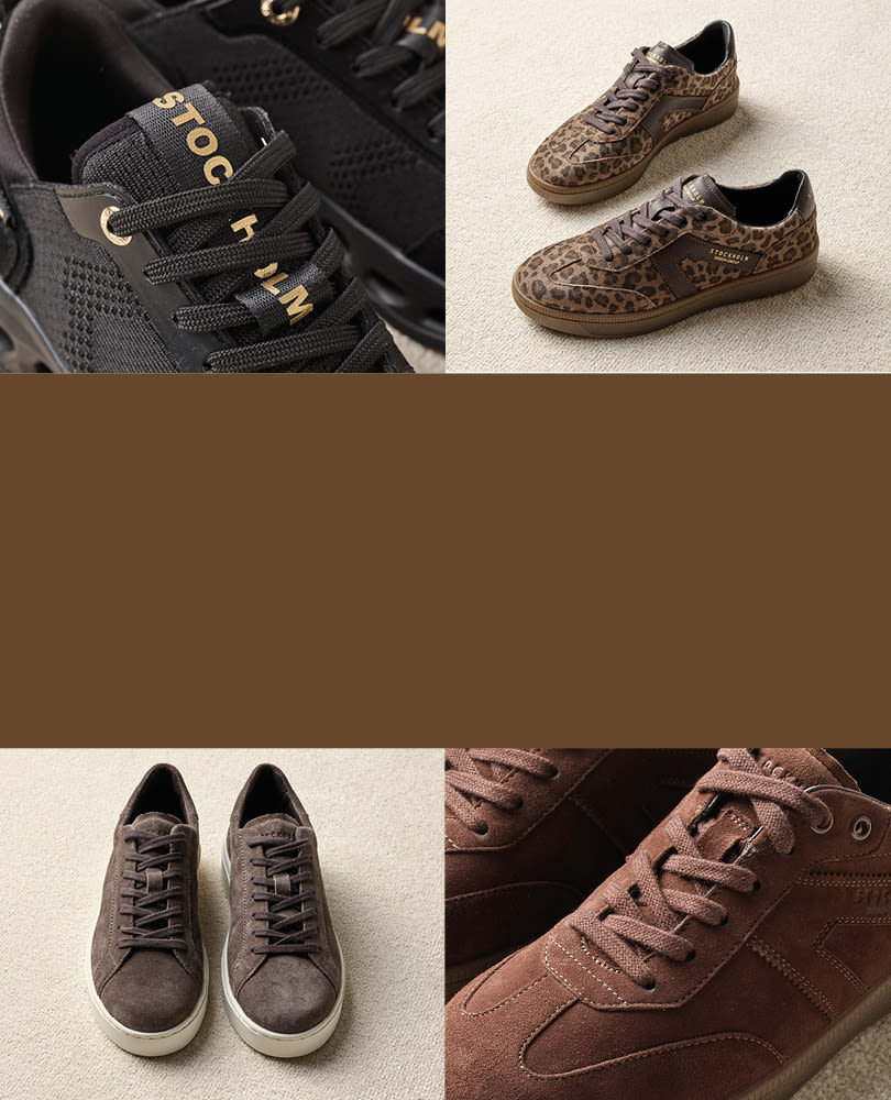 Kollasj av trendy sneakers: svarte med gulldetaljer, leopardmønstrede lavprofil sko og brune semsket sneakers med hvit såle.