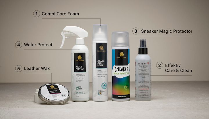 Fem skovårdsprodukter står på en yta med etiketter och numrerade namn: Combi Care Foam, Effektiv Care & Clean, Sneaker Magic Protector, Water Protect och Leather Wax.