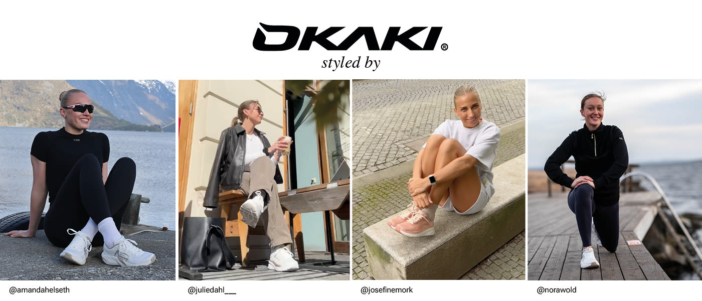 Collage av OKAKI-sko i ulike stiler: hvite joggesko, chunky hvite sneakers, rosa joggesko og hvite treningssko i aktive utendørsmiljøer.