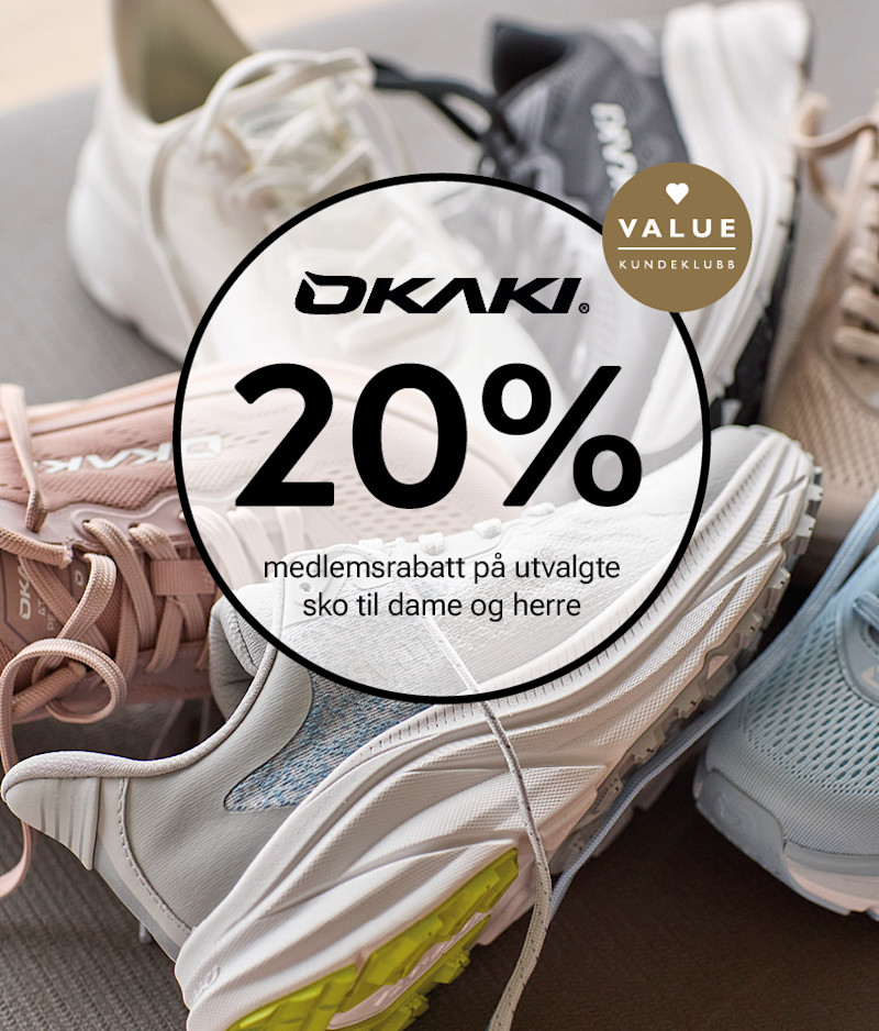 Diverse OKAKI joggesko i hvite og rosa farger med 20% medlemsrabatt for VALUE kundeklubb på utvalgte sko.