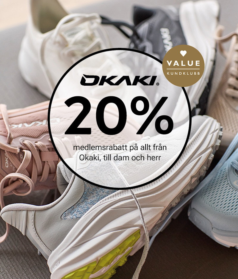 Okaki sportskor i olika färger med 20% medlemsrabatt för Value kundklubb, visas i en samling av vita, rosa och grå sneakers.