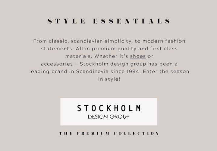 Logotyp: Stockholm Design Group med texten Style Essentials och beskrivning av skandinavisk design, skor och accessoarer i förstklassig kvalitet sedan 1984.