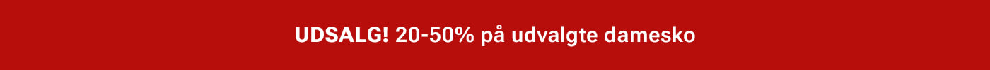 Rød salgsbanner med hvid tekst: "UDSALG! 20-50% på udvalgte damesko"