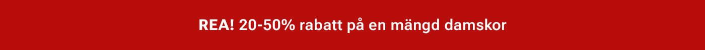 Röd reklambanderoll med vit text som annonserar "REA! 20-50% rabatt på en mängd damskor"