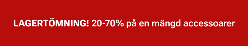 Röd banner med vit text som annonserar "LAGERTÖMNING! 20-70% på en mängd accessoarer"