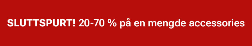 SLUTTSPURT! 20-70 % rabatt på en mengde accessories. Rød bakgrunn med hvit tekst som annonserer salg.