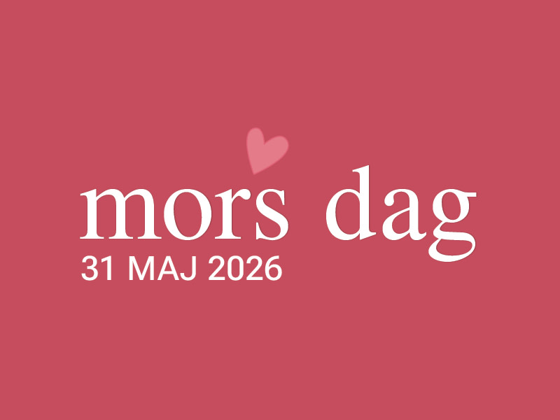Rosa bakgrund med vit text "mors dag 31 maj 2026" och ett litet hjärta.