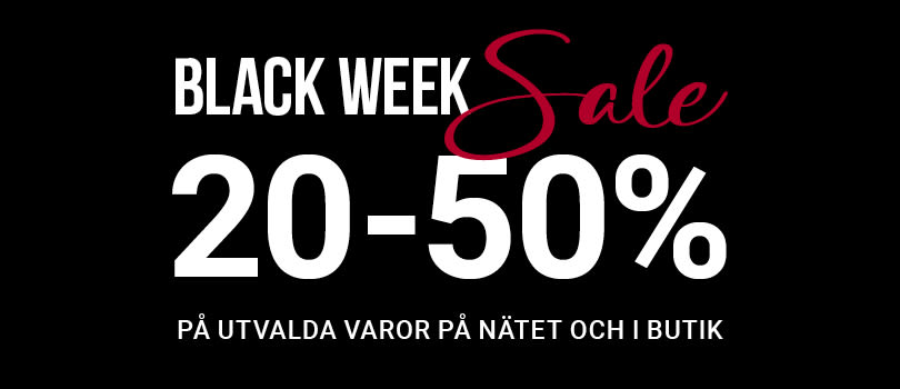Black Week-kampanj med 20-50% rabatt på utvalda varor i butik och på webben, presenterat på svart bakgrund med vit och röd text.