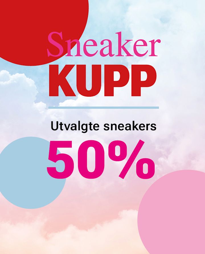 Reklamebanner for Sneaker KUPP med 50% rabatt på utvalgte sneakers, mot en bakgrunn av skyer og fargerike sirkler.