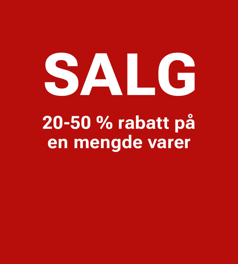 Rød bakgrunn med hvit tekst som annonserer "SALG" med "20-50 % rabatt på en mengde varer"