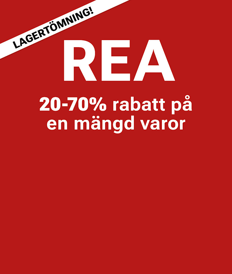 Röd rea-banner med texten Lagertömning, REA 20-70% rabatt på en mängd varor.
