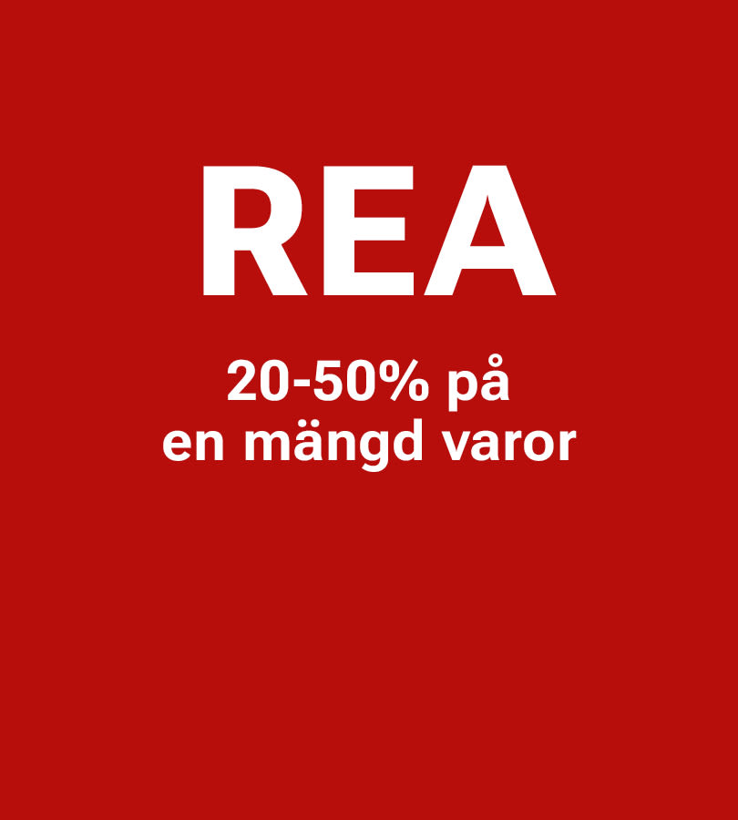 Röd reklambild med texten "REA" i stora vita bokstäver och "20-50% på en mängd varor" i mindre text under.