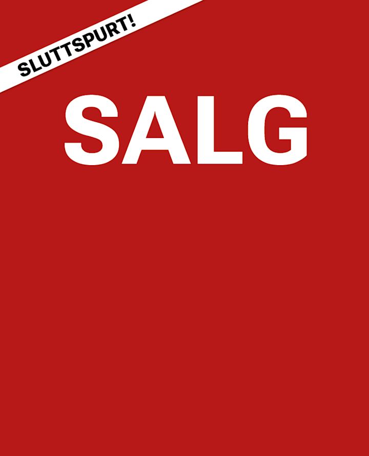Rød salgsplakat med hvit tekst som sier "SALG" og et banner øverst med teksten "SLUTTSPURT!"