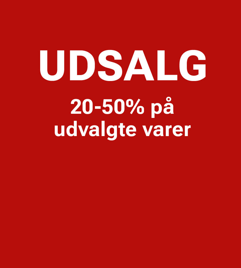 Rød baggrund med hvid tekst: "UDSALG 20-50% på udvalgte varer"