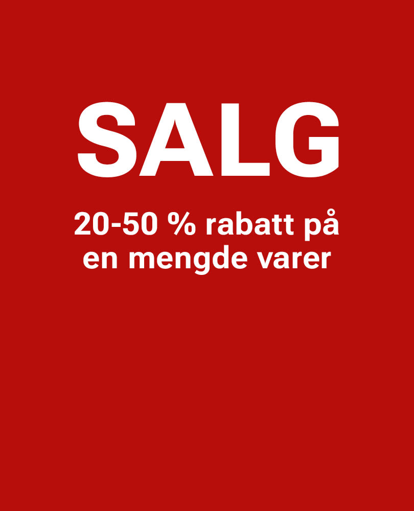 Rød bakgrunn med hvit tekst som annonserer "SALG" med "20-50 % rabatt på en mengde varer"
