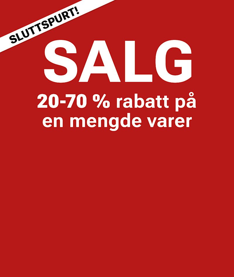 Rød salgsplakat med teksten "Sluttspurt! Salg 20-70 % rabatt p å en mengde varer" i hvitt.