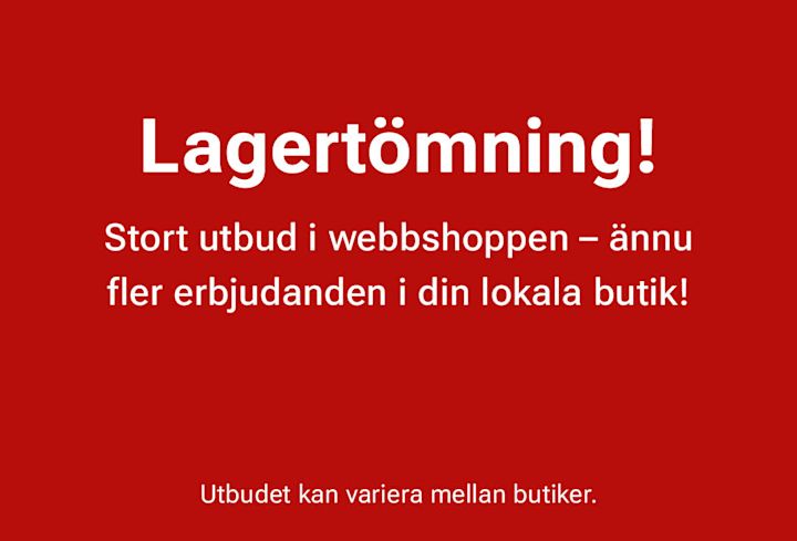 Röd banner med vit text: Lagertömning! Stort utbud i webbshoppen – ännu fler erbjudanden i din lokala butik.