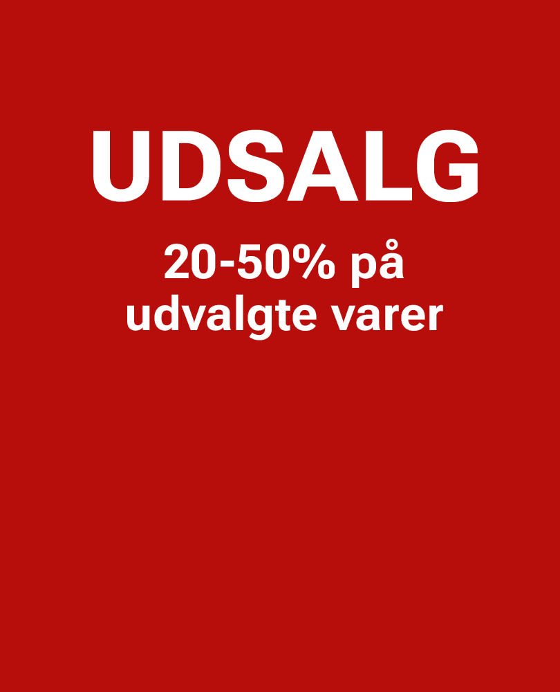 Rød baggrund med hvid tekst: "UDSALG 20-50% på udvalgte varer"