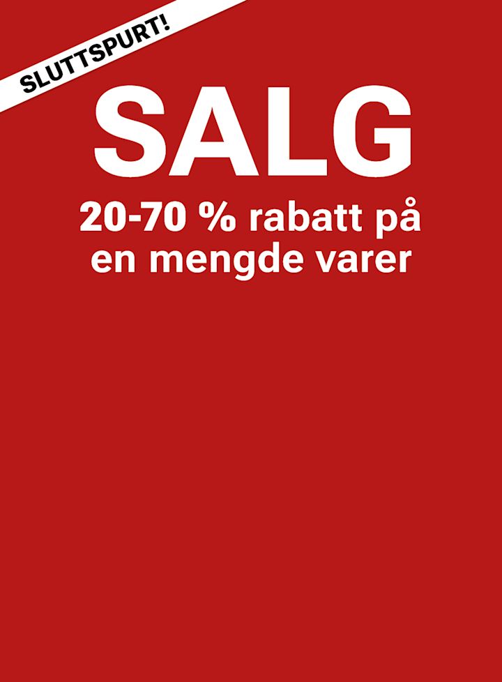 Rød salgsplakat med teksten "Sluttspurt! Salg 20-70 % rabatt på en mengde varer" i hvitt.