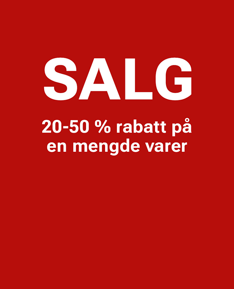 Rød salgsplakat med hvit tekst: SALG 20-50 % rabatt på en mengde varer.