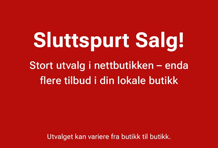 Rød salgsplakat med hvit tekst: Sluttspurt Salg! Stort utvalg i nettbutikken og lokale butikker.