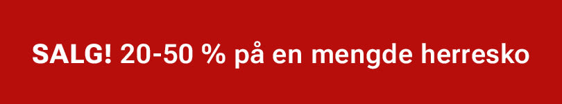 Rød salgsplakat som annonserer 20-50% rabatt på en mengde herresko.