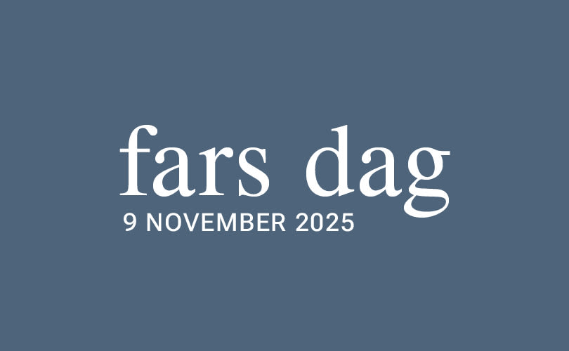Blå bakgrund med vit text som visar "fars dag" och datumet "9 NOVEMBER 2025"