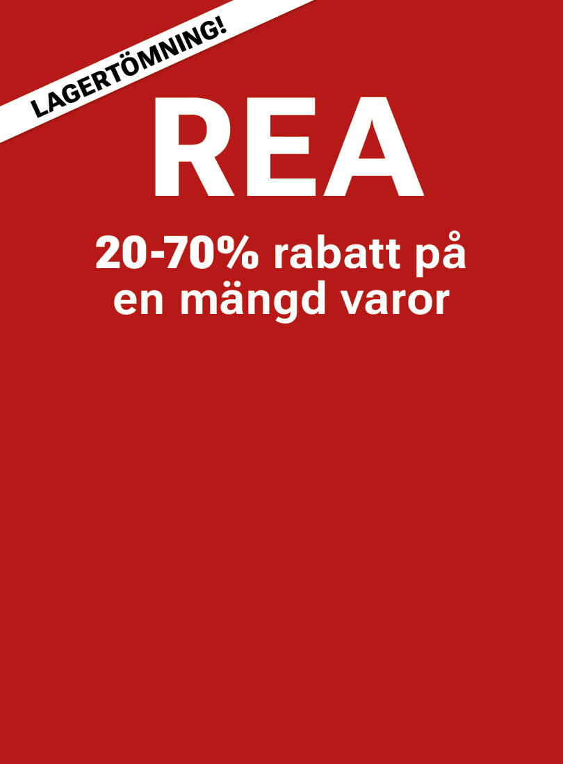 Röd reklambild för lagertömning med texten "REA" och "20-70% rabatt på en mängd varor" i vit text.