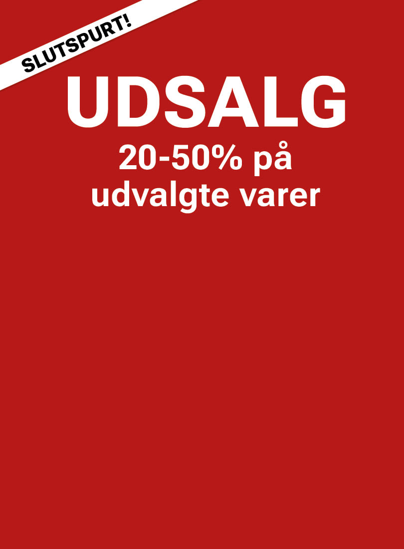 Rød baggrund med tekst "SLUTSPURT! UDSALG 20-50% på udvalgte varer" i hvid skrift.