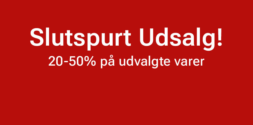 Rød baggrund med tekst "SLUTSPURT! UDSALG 20-50% på udvalgte varer" i hvid skrift.