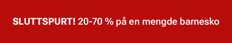 Rød bannertekst som annonserer "SLUTTSPURT! 20-70 % på en mengde barnesko" mot en klar rød bakgrunn.