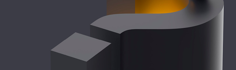 Grå og svart 3D-spørsmålstegn med oransje lys som skinner fra innsiden mot en mørk bakgrunn.