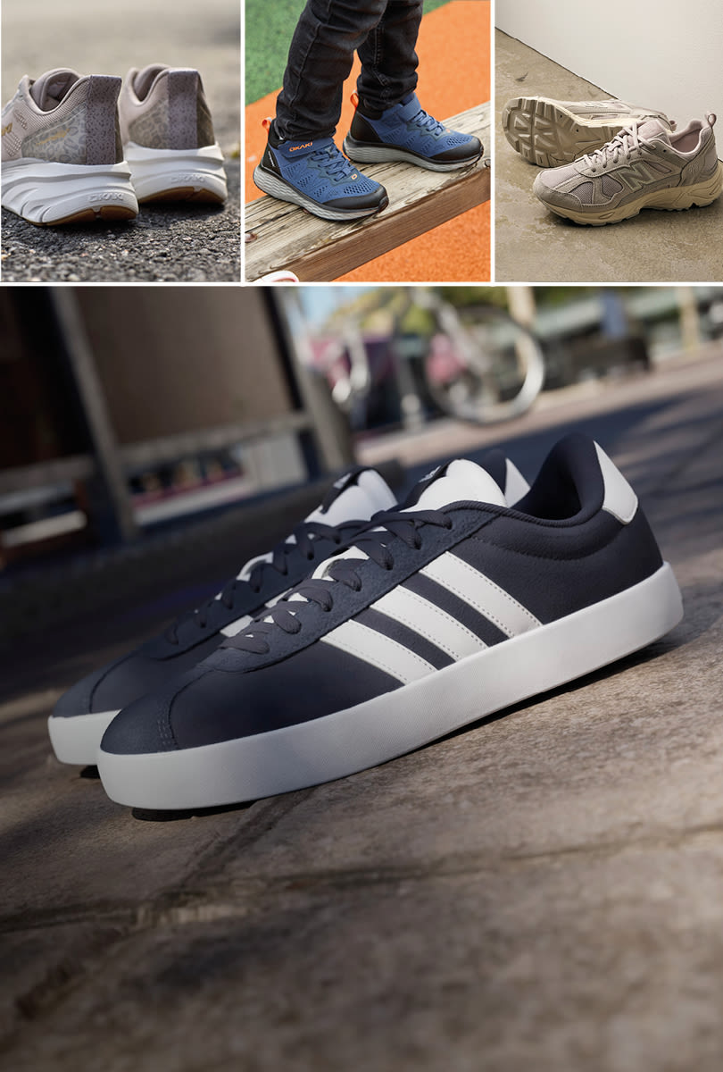 Collage af sportssko: grå løbesko, blå vandresko, beige trailsko og mørkeblå sneakers med hvide striber i moderne stil.