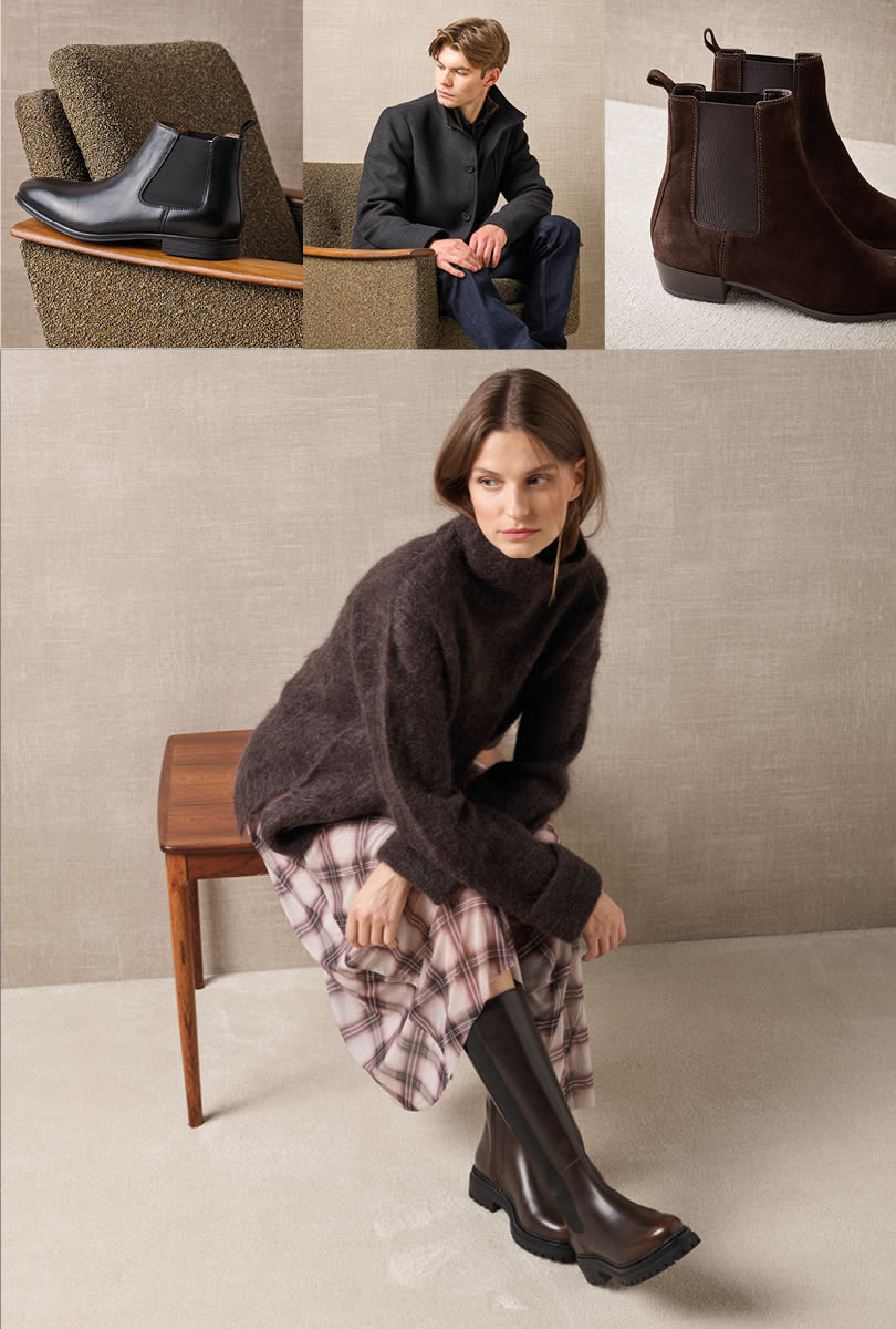Kollektion af elegante støvler: sorte og brune chelsea boots øverst, og lange brune læderstøvler på model med ternet nederdel.