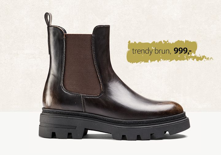 Trendy brun chelsea-støvlett fra Unified med elastisk sidepanel, kraftig svart såle og robust design, prisen er 999 kroner.
