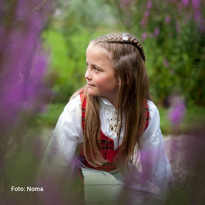 Jente i tradisjonell norsk bunad sitter ute blant lilla blomster og ser til siden i en grønn hage.
