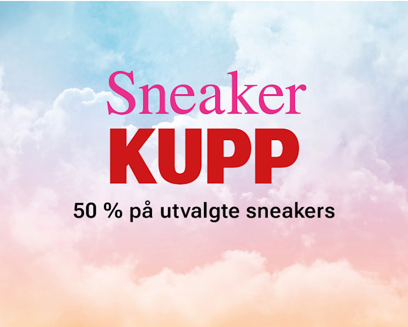 Reklamebanner for sneakerkupp med 50% rabatt på utvalgte sneakers, mot en bakgrunn av blå og rosa skyer.