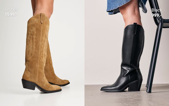 Brune semskede cowboy-støvler til venstre med prisen 1599,- og svarte skinn cowboy-støvler til høyre med prisen 999,-, begge båret av modeller på hvit og grå bakgrunn.