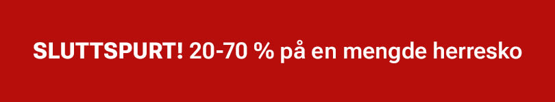 Rød bannertekst som annonserer sluttspurt med 20-70% rabatt på en mengde herresko.