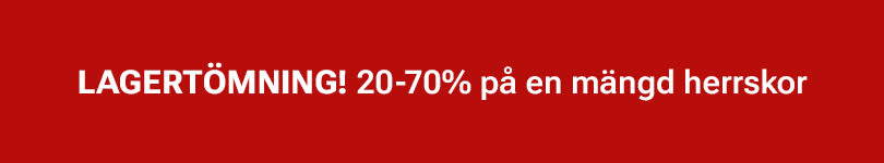 Röd banner med vit text som annonserar "LAGERTÖMNING! 20-70% på en mängd herrskor"