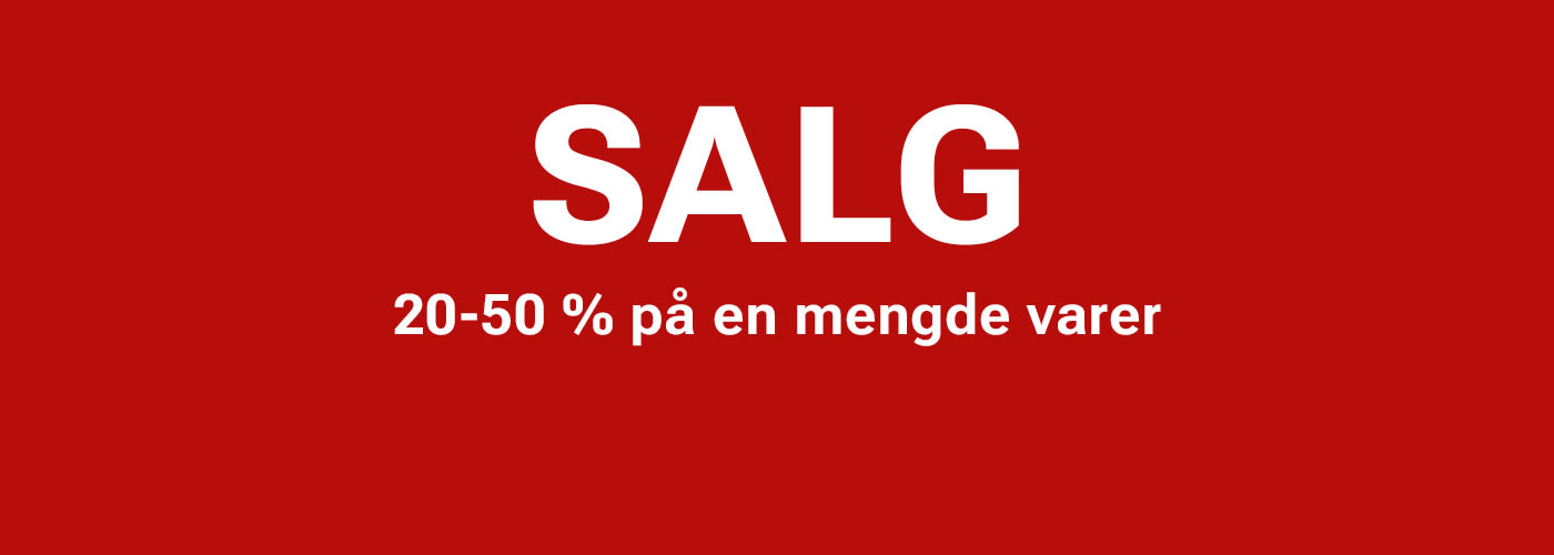 Rød bakgrunn med hvit tekst som annonserer "SALG 20-50% på en mengde varer"